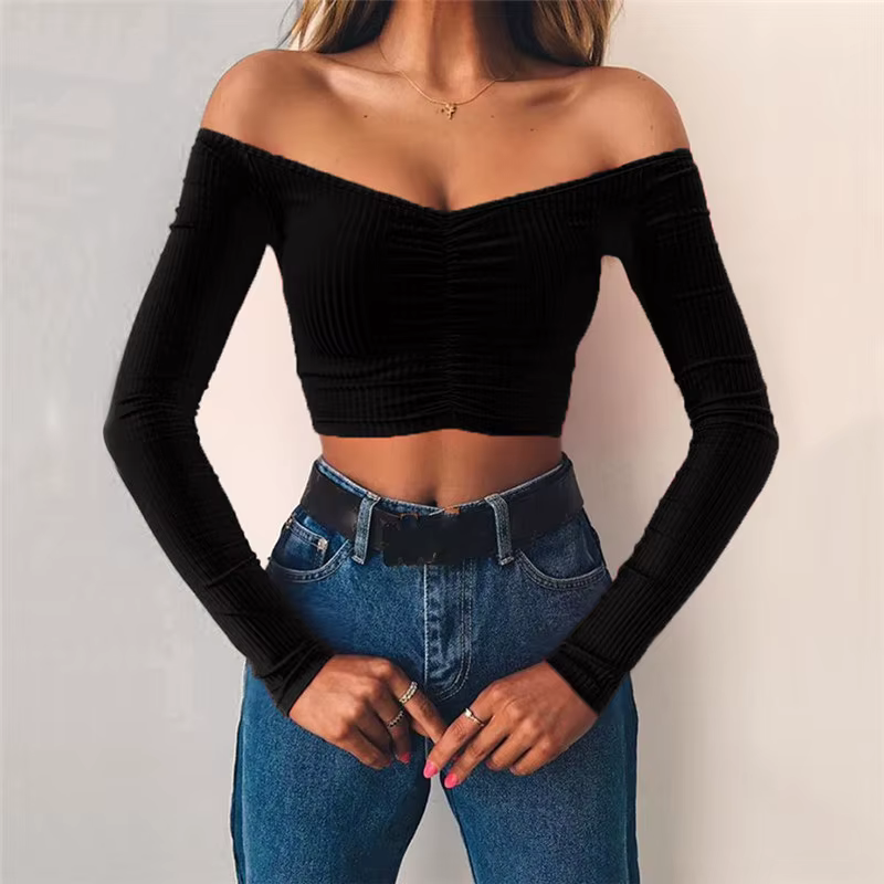 Damen Schulterfreies Langarm-Shirt – Einfarbig, Sexy & Stylisch