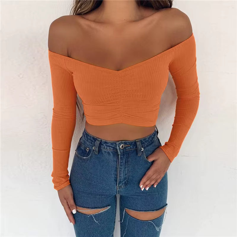 Damen Schulterfreies Langarm-Shirt – Einfarbig, Sexy & Stylisch