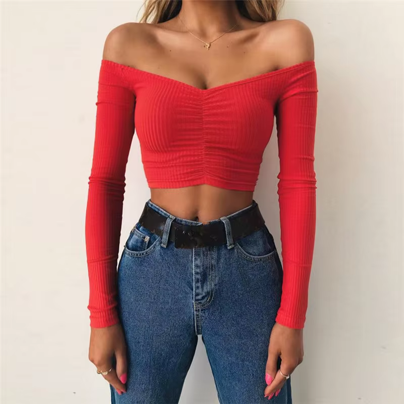 Damen Schulterfreies Langarm-Shirt – Einfarbig, Sexy & Stylisch