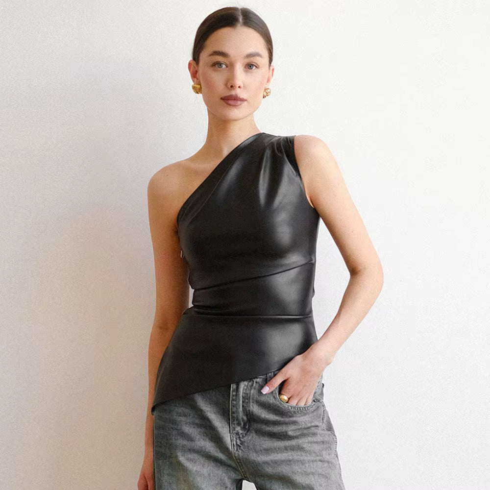 Damen Einschulter Top – Ärmelloses Leder-Shirt mit schrägem Kragen