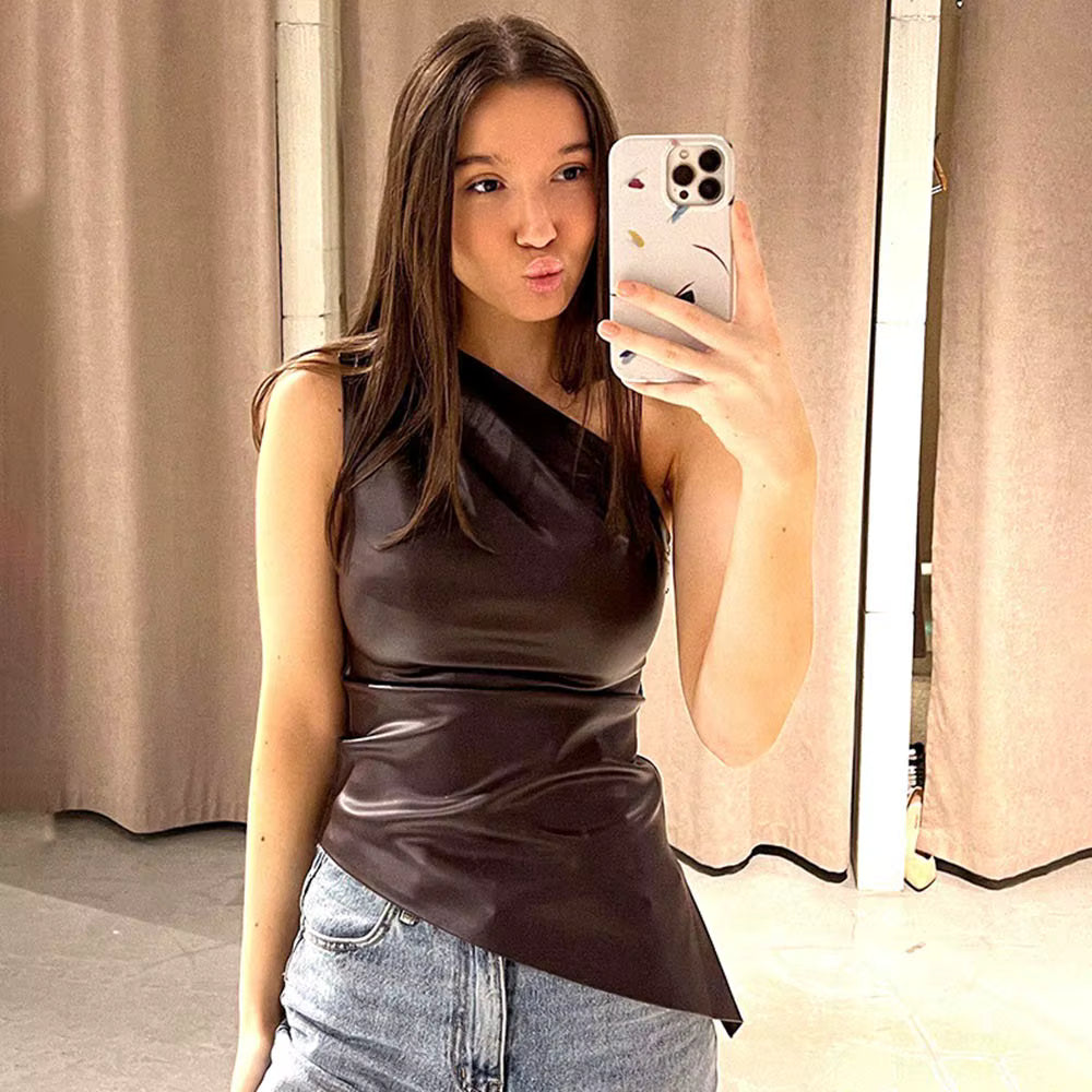 Damen Einschulter Top – Ärmelloses Leder-Shirt mit schrägem Kragen