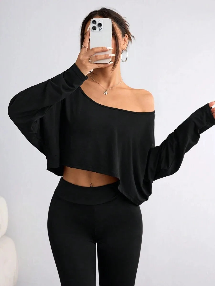 Damen Trägerloses Langarm-Shirt – Asymmetrisch, Sexy & Sportlich