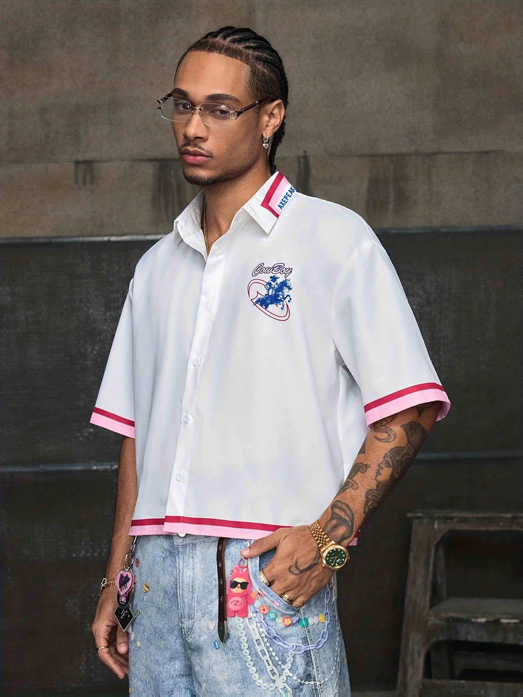 Herren Crop Shirt – Denim Print, Kurzarm | Streetwear