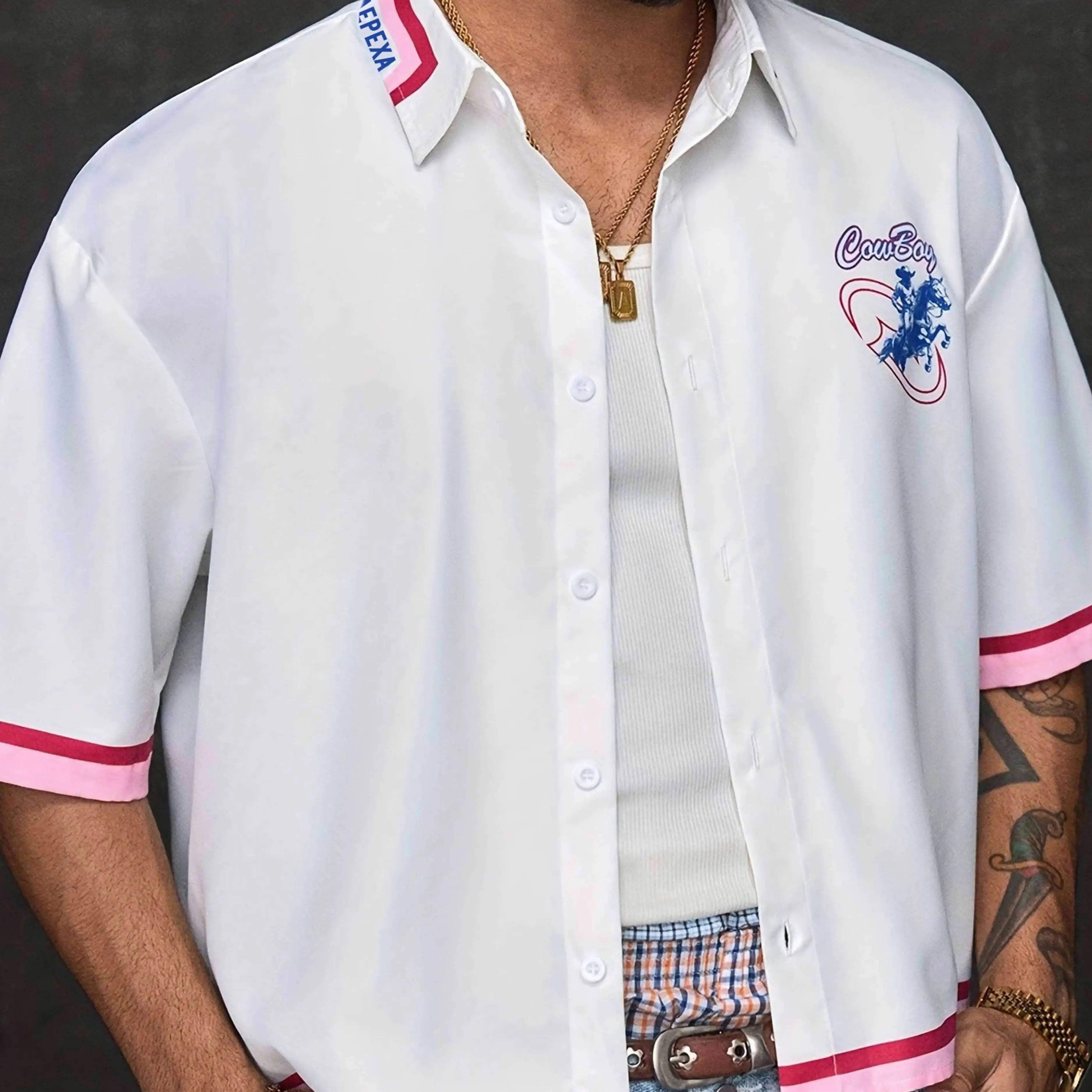 Herren Crop Shirt – Denim Print, Kurzarm | Streetwear