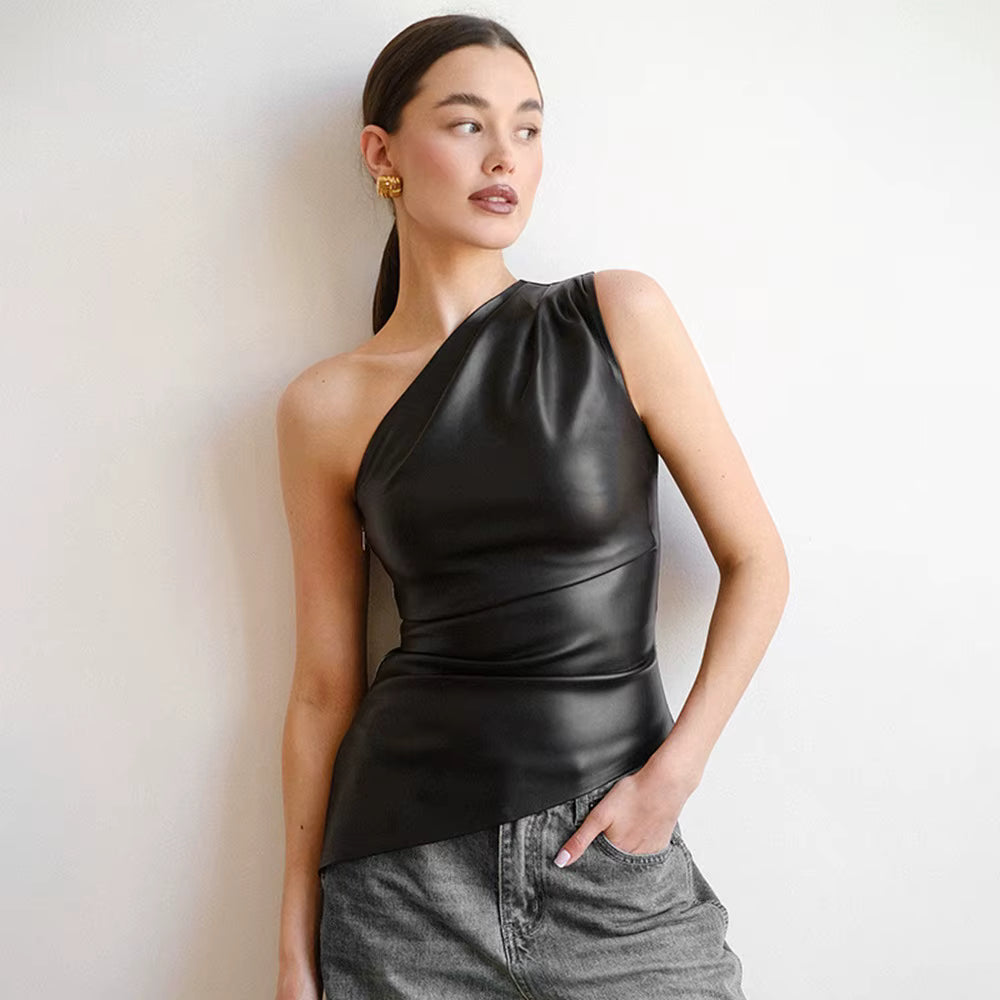 Damen Einschulter Top – Ärmelloses Leder-Shirt mit schrägem Kragen